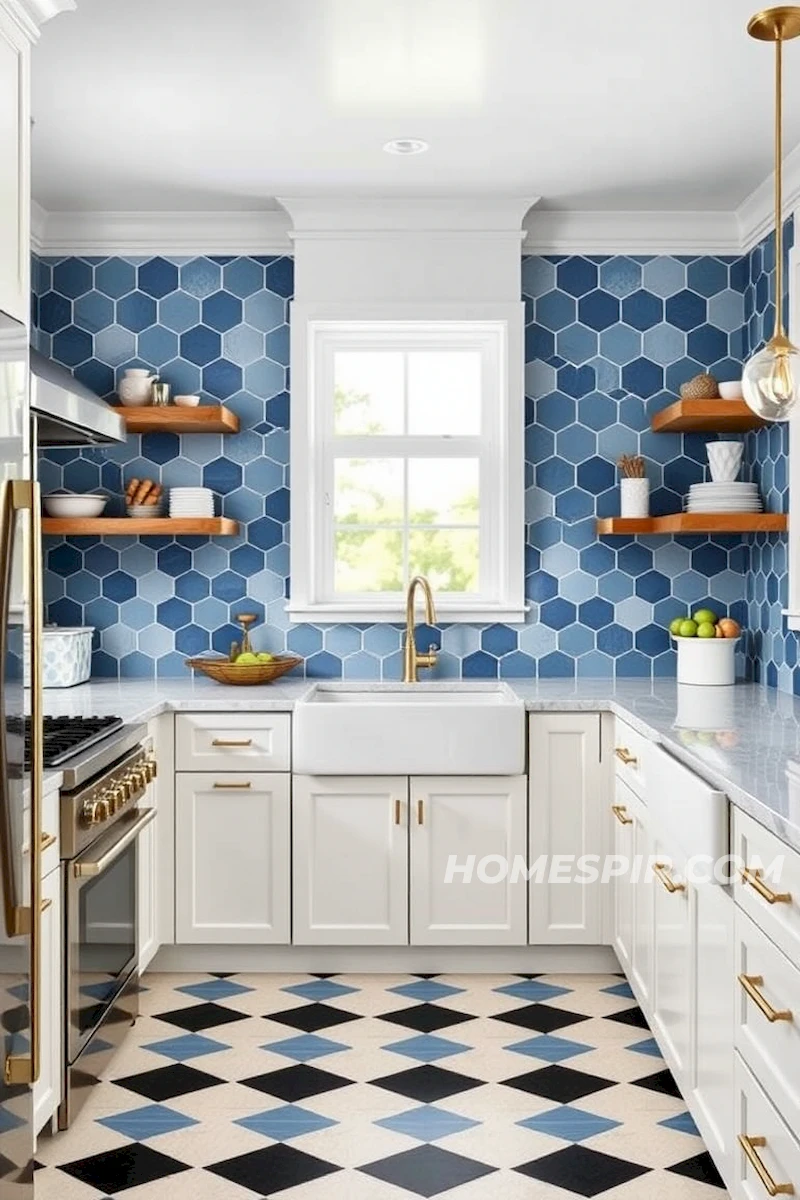 Hexagonal Tiles in Blue Art Deco Kitchen