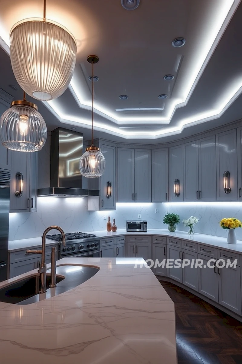 Sculptural Pendant Lights in Deco Kitchen