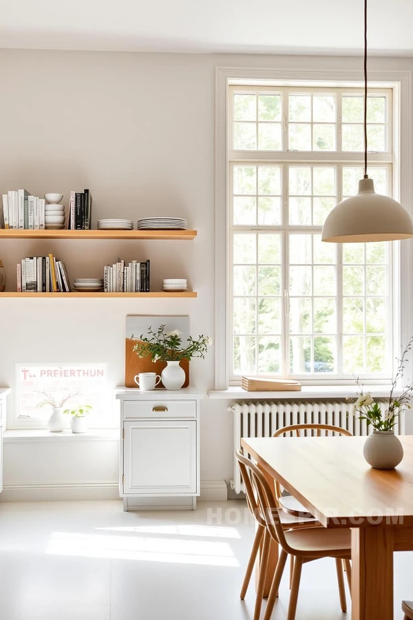 Airy Scandinavian Kitchen Design with Wooden Shelves