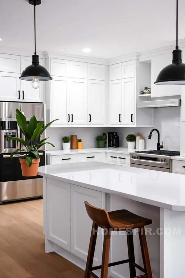 All-White Chic Kitchen with Black Lighting