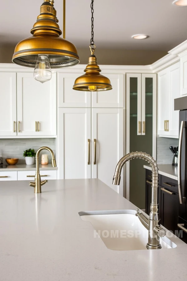 Antique Brass Lighting in Modern Farmhouse Kitchen