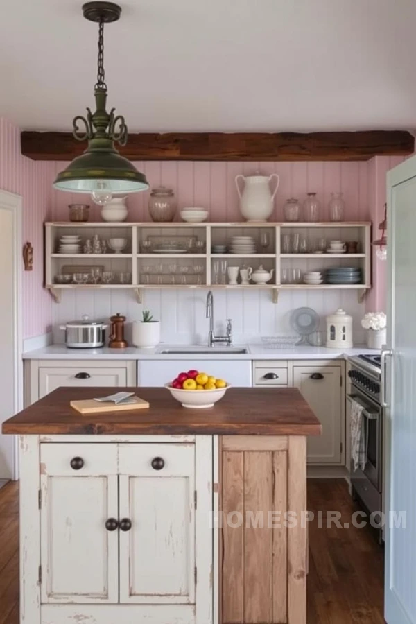 Antique Light Fixtures And Open Shelving Kitchen