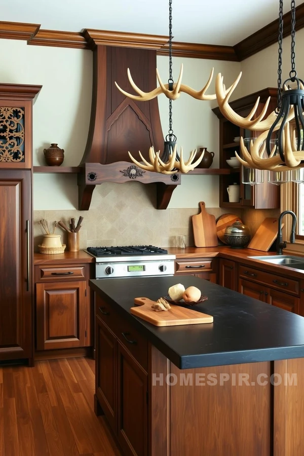 Antler Chandeliers Enhance Rustic Kitchen Theme