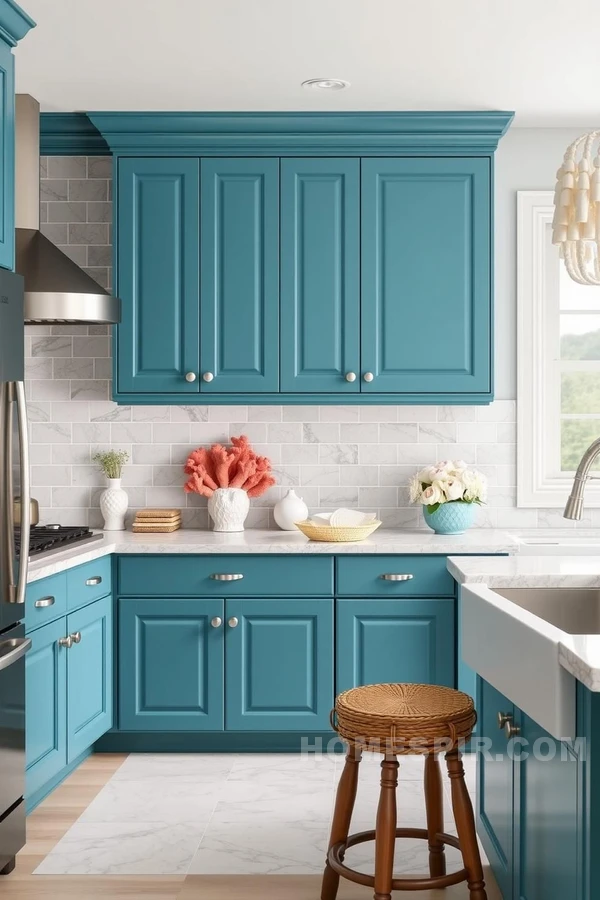 Aqua and Teal Accents in Island Kitchen