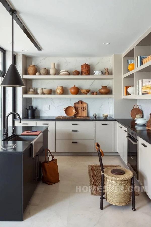 Artisanal Pottery Adorned Shelves In Modern Kitchen