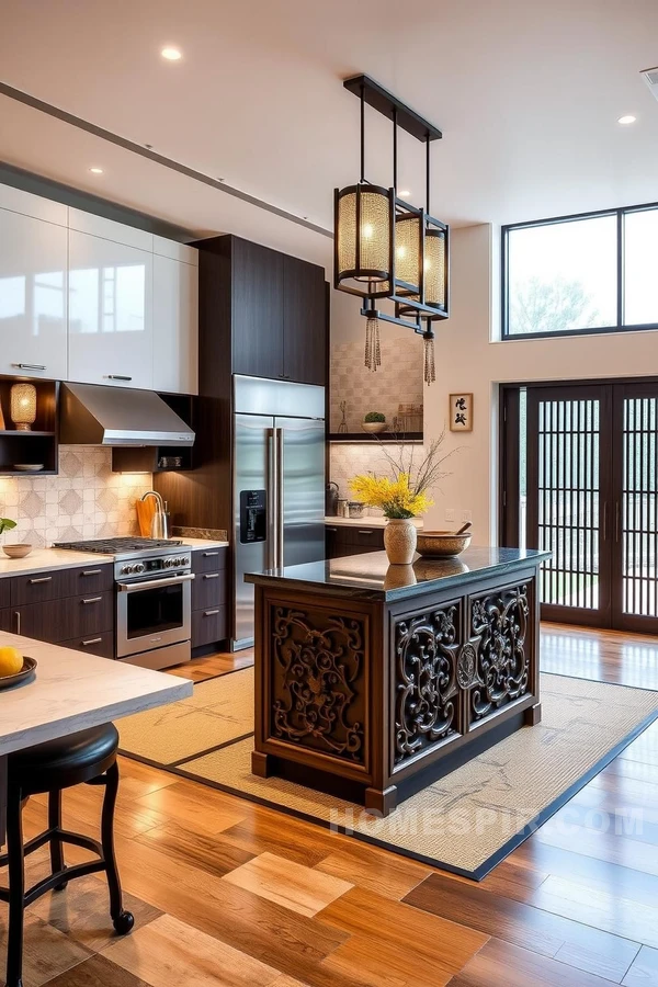 Asian Fusion Kitchen with Elegant Carvings