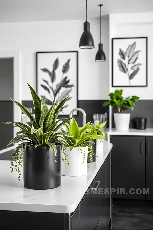 Black and White Kitchen with Greenery