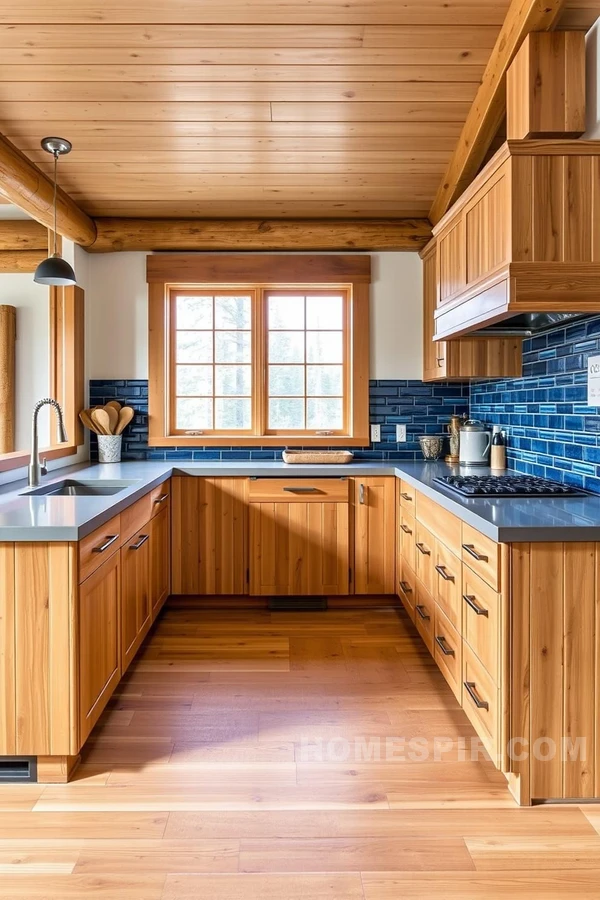 Blue Glass Tile Accent in Rustic Kitchen