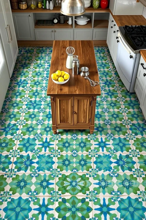 Blue Green Geometric Floor Tiles