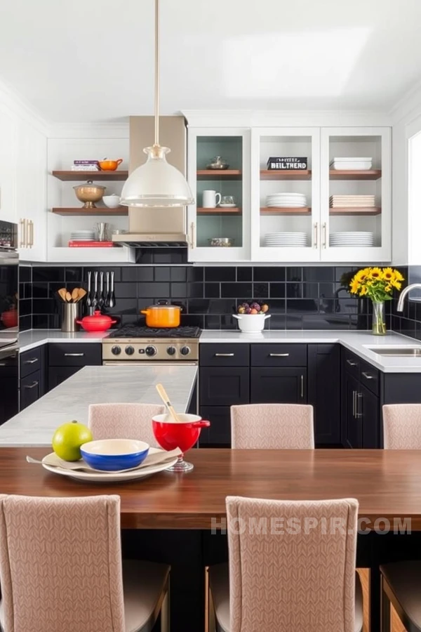 Bold Contrast and Vibrant Textiles in Transitional Kitchen