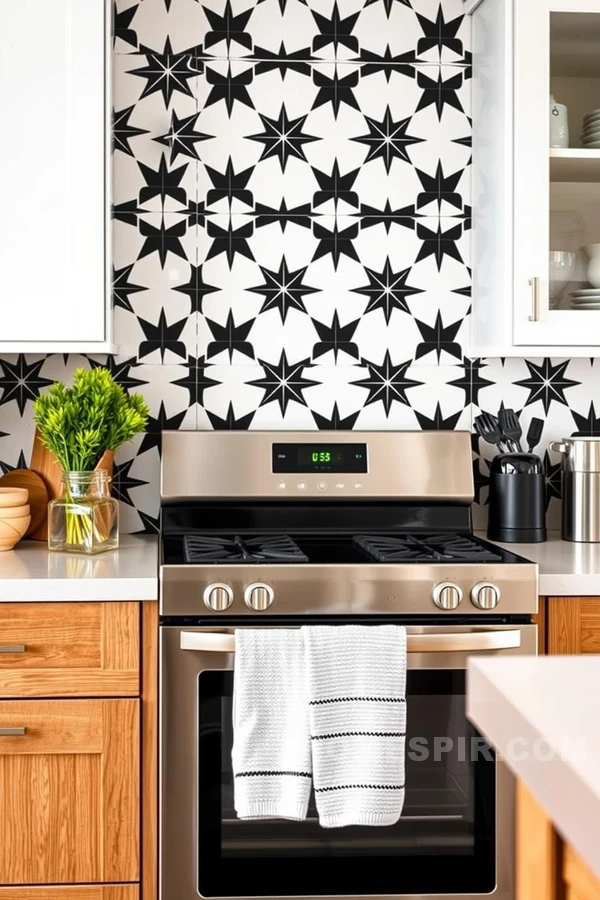 Bold Geometric Backsplash with Wood