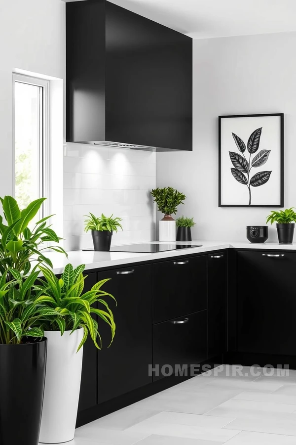 Botanical Contrast in Monochrome Kitchen