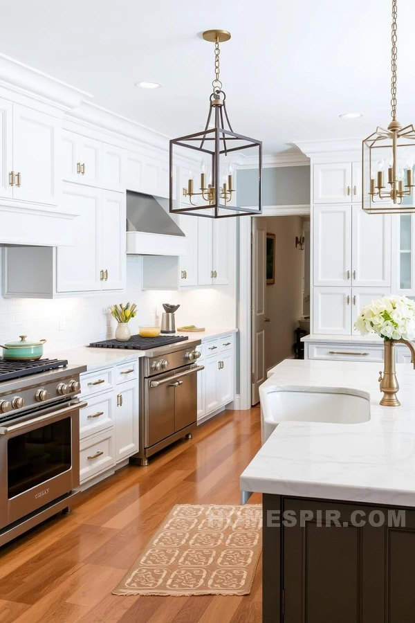 Brass Accented Transitional Kitchen with Central Island