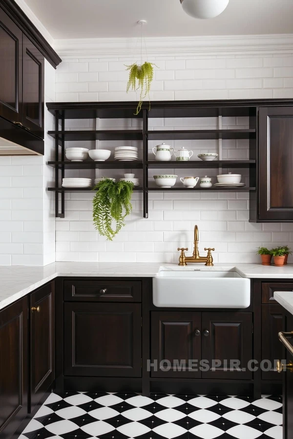 Brass Faucet and Natural Greenery in Victorian Kitchen