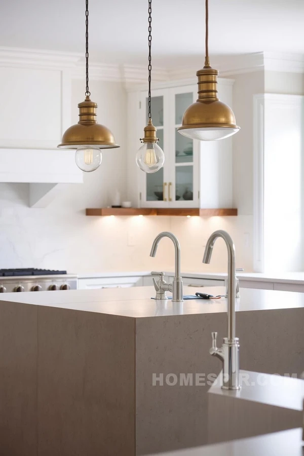 Brass Pendants Highlight Industrial Kitchen Design