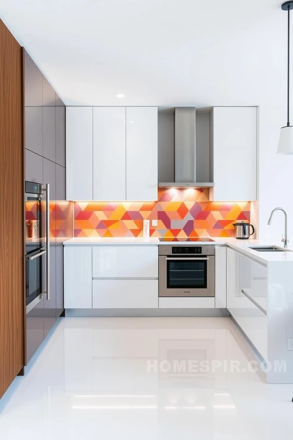 Bright Mural Backsplash in Minimalist Kitchen