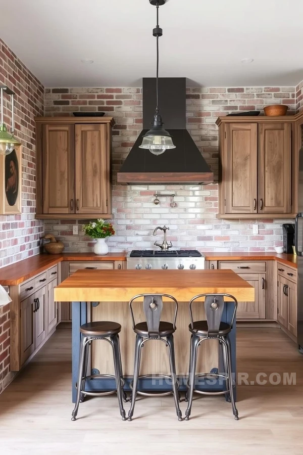 Butcher Block Island With Antique Bar Stools