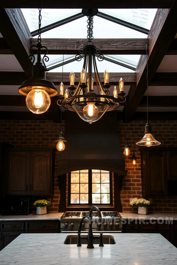 Chandeliers and Doak Beams in Colonial Kitchen