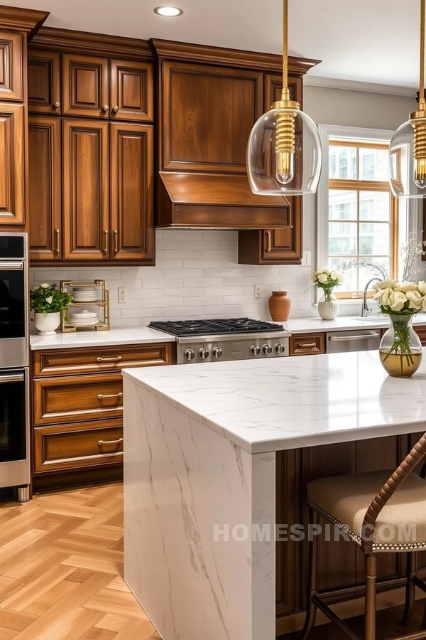 Classic Wooden Cabinets with Modern Marble Island