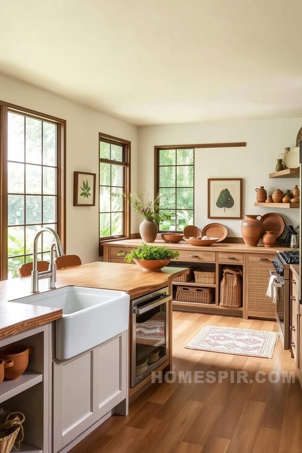 Clay Pottery and Woven Baskets in Natural Kitchen