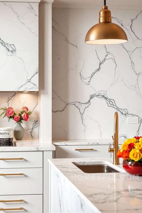 Colorful Accents in Marble Clad Glam Kitchen