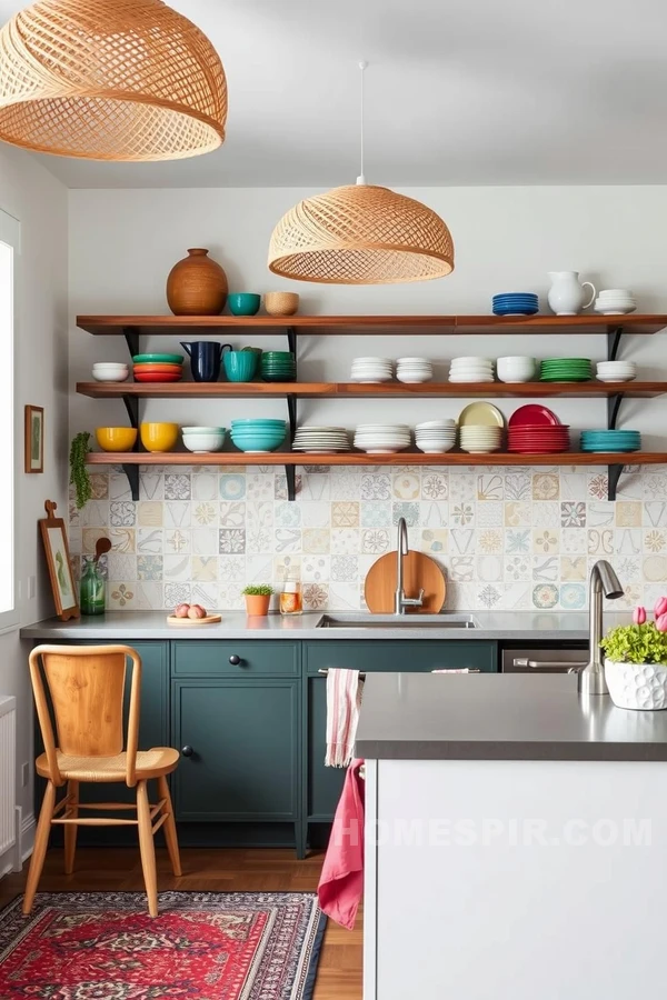 Colorful Dishware on Floating Shelves