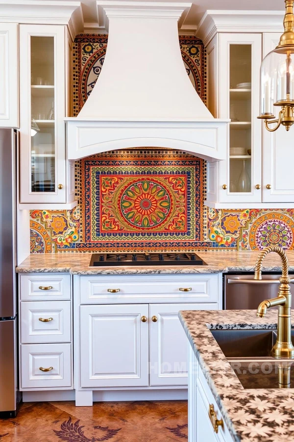 Colorful Mediterranean Backsplash with White Cabinets