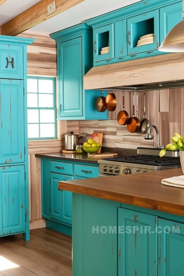 Colorful Pop in Rustic Kitchen Turquoise and Copper