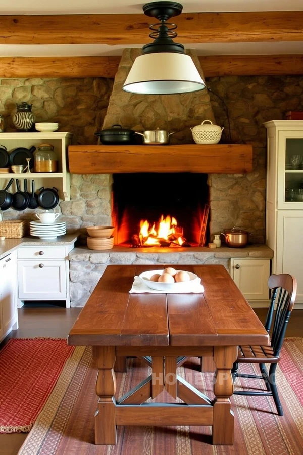 Comforting Rustic Dining In Fireplace Kitchen