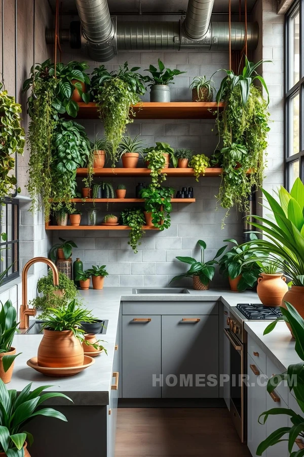 Concrete and Greenery in Industrial Kitchen Oasis