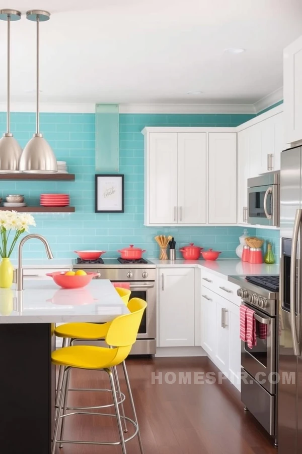 Contemporary Kitchen with Coral Cookware