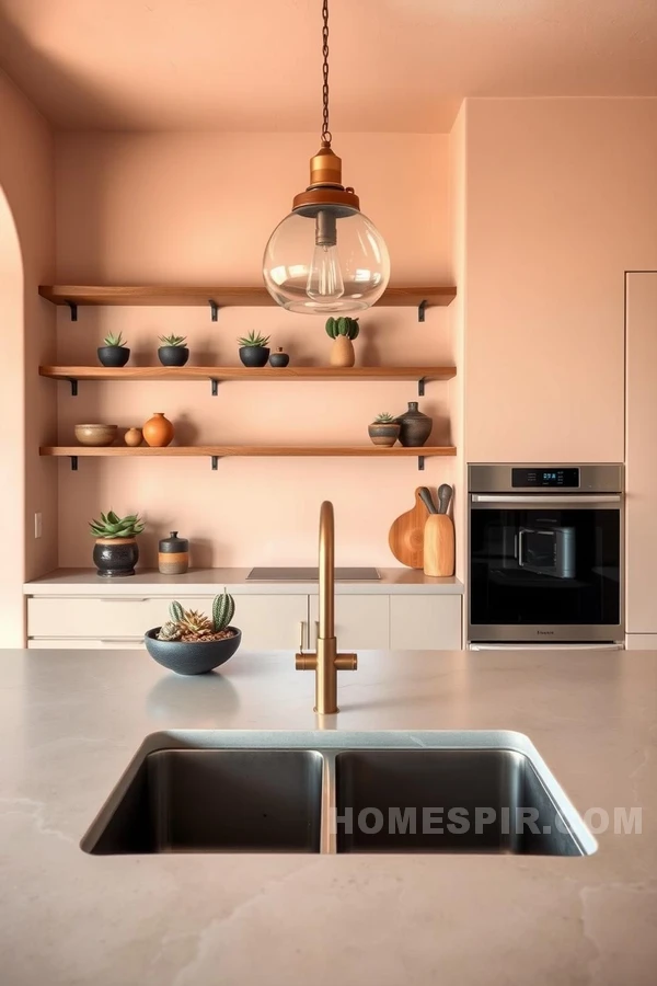 Copper and Pottery Accents in Oasis Kitchen