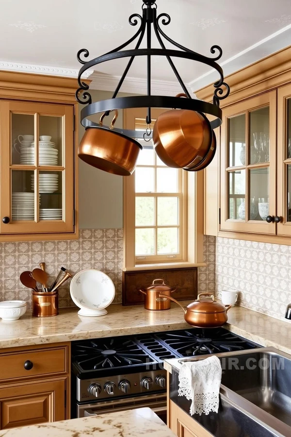 Copper Cookware and Frosted Glass Cabinets