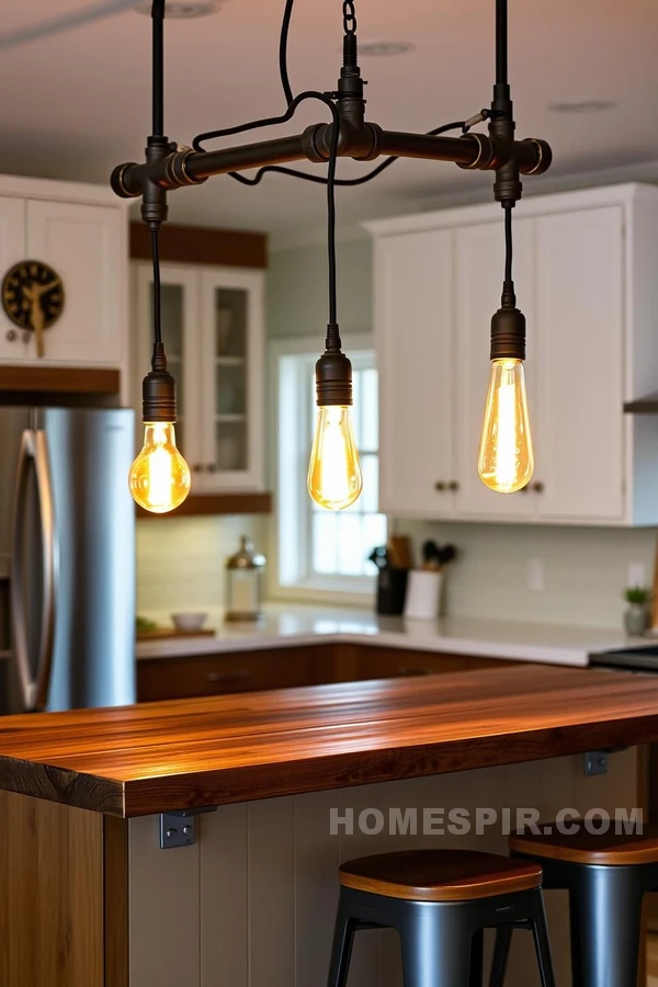 Creative Pipe Lighting Over Rustic Breakfast Bars