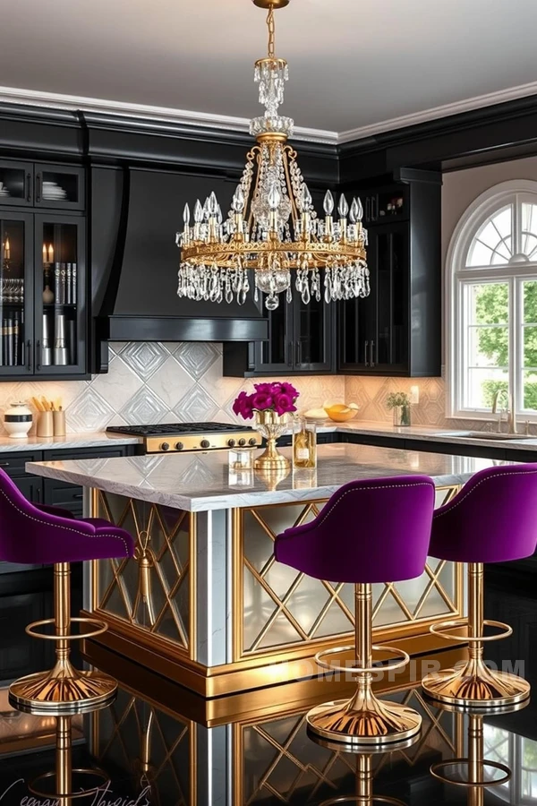 Crystal Chandelier Highlights Reflective Kitchen Surfaces