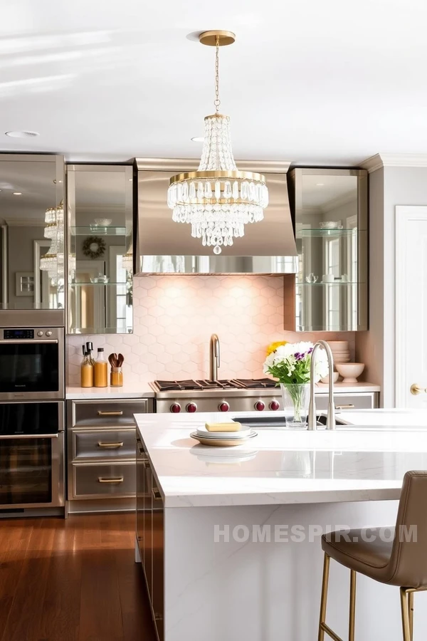 Crystal Pendants and Mirrored Kitchen Design