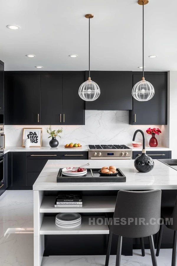 Dark Cabinetry and Bright Marble Open Kitchen