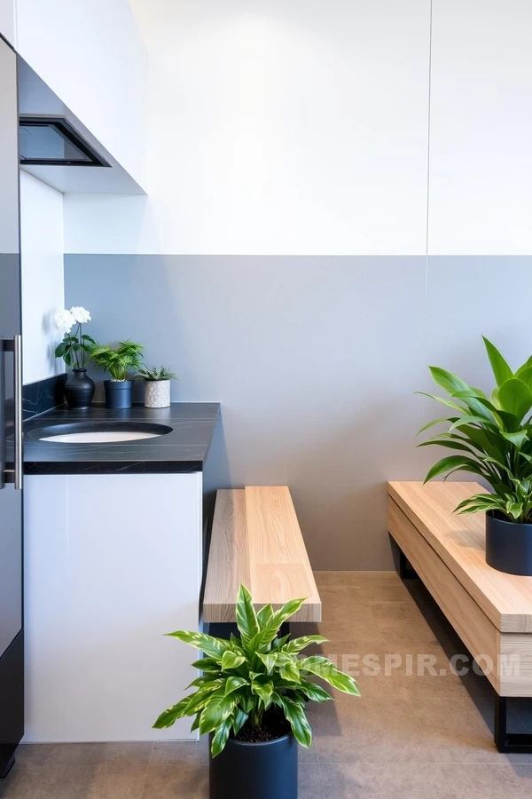 Dark Stone and Sleek White Cabinet Contrast