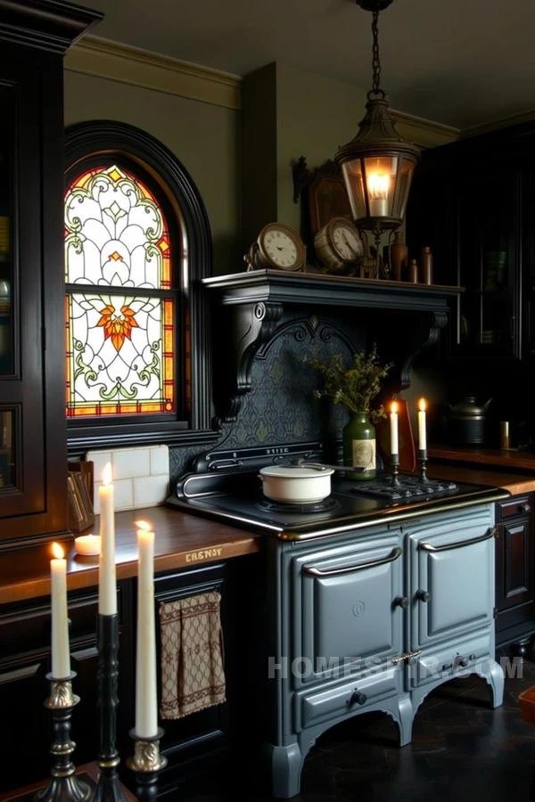 Dark Woods and Stained Glass Victorian Kitchen