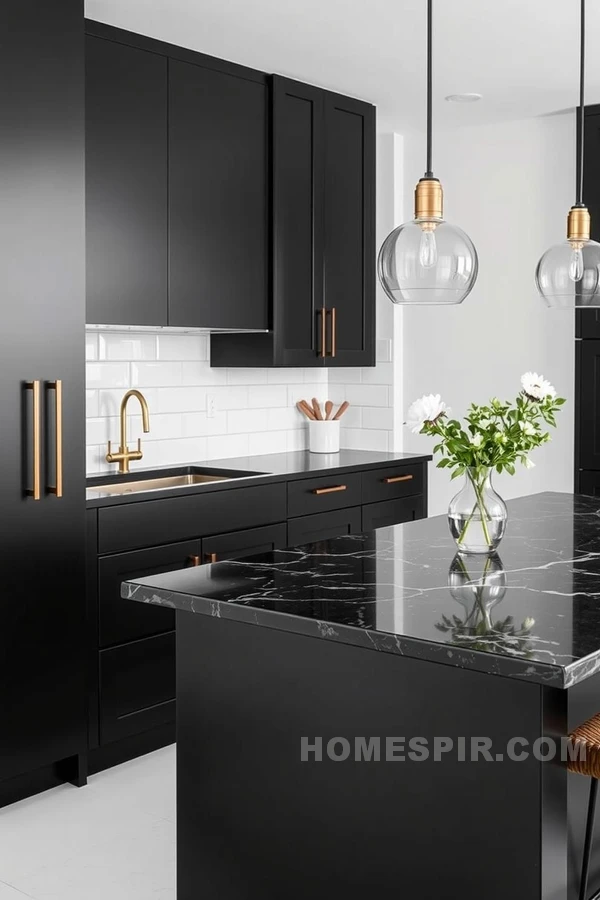 Distinguished Black Marble Island in Kitchen