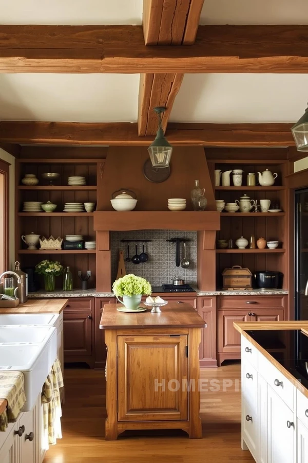 Distressed Wood Island in Victorian Kitchen