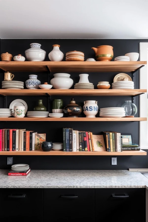 Dramatic Dark Wall Kitchen with Open Shelves