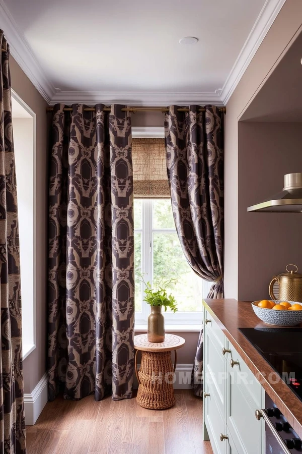 Dramatic Kitchen Aesthetics with Patterned Curtains