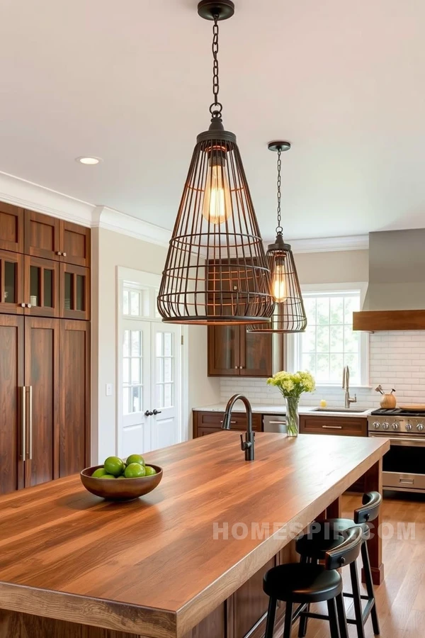 Dramatic Pendant Lighting Over Island