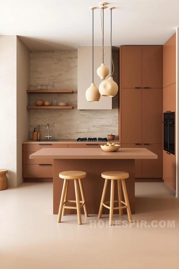 Earthy Zen Kitchen with Wooden Stools and Stone Walls