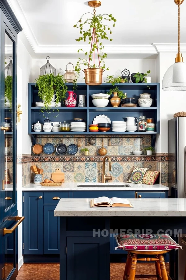 Eclectic Dishware and Blue Cabinetry Kitchen