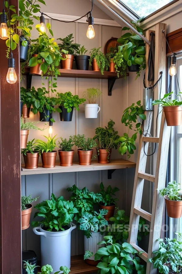 Edison Light and Planters in Kitchen Corner