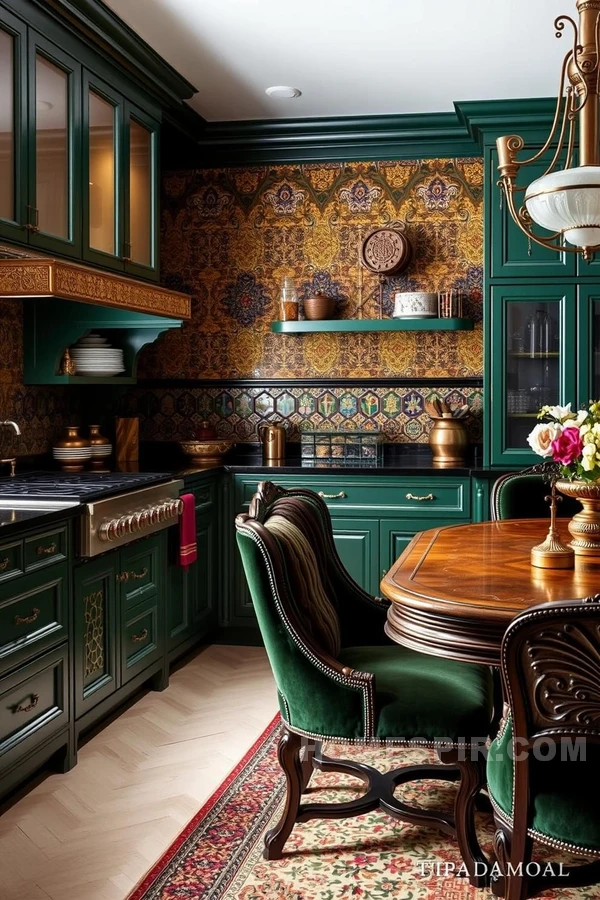 Emerald Green Cabinetry with Gold Accents