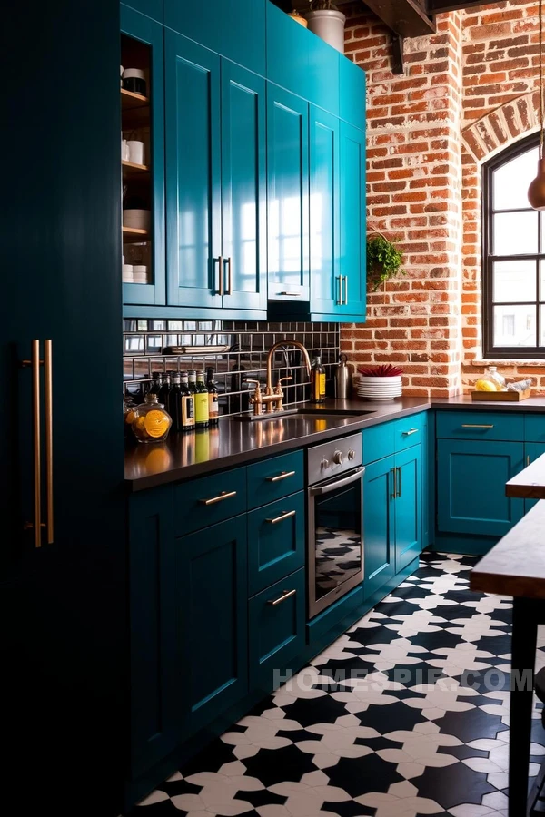 Exposed Brick and Bold Colors in Modern Kitchen