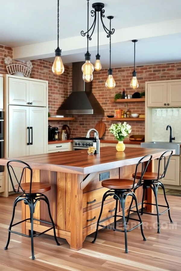 Exposed Brick and Filament Lighting in Farmhouse Kitchen